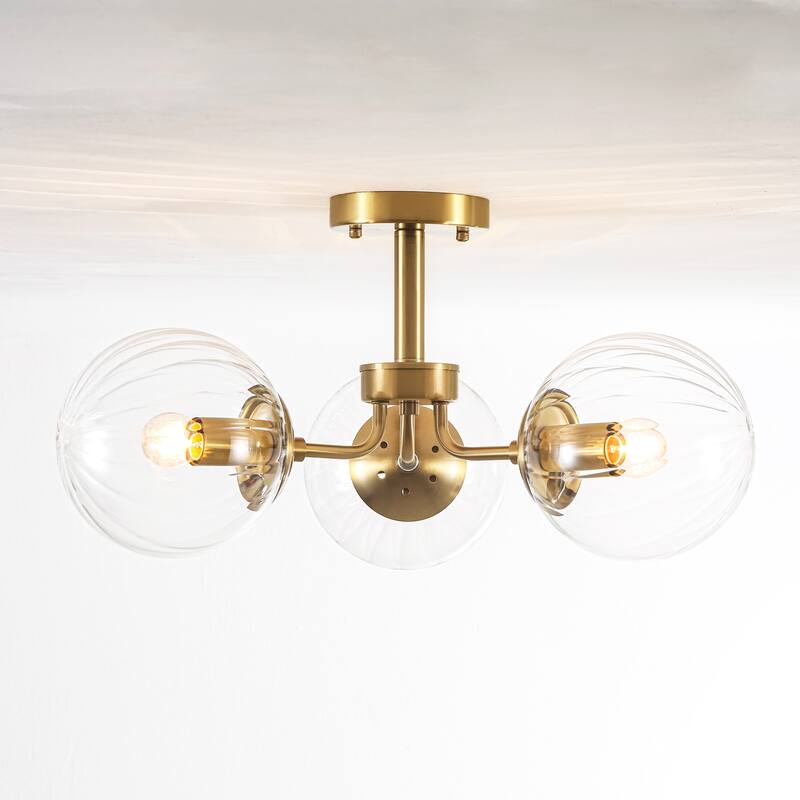 3-Light Mid-Century Modern Gold Sputnik Semi-Flush Mount Light with Clear Ribbed Glass Globe for Living Room, Entryway