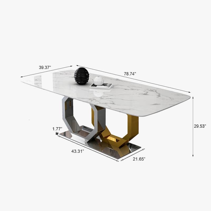 Modern White Marble Dining Table with Rectangular Tabletop, Golden Hexagonal-Legged legs, Dining Room Table for 8 - 79"