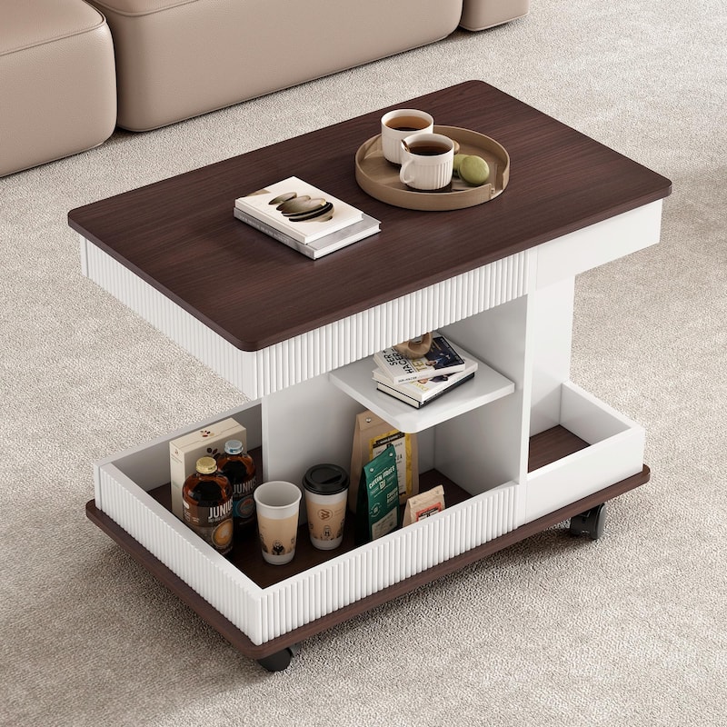 Modern Multifunctional Sofa Side Table with Lift-Top, 360° Rotating Top