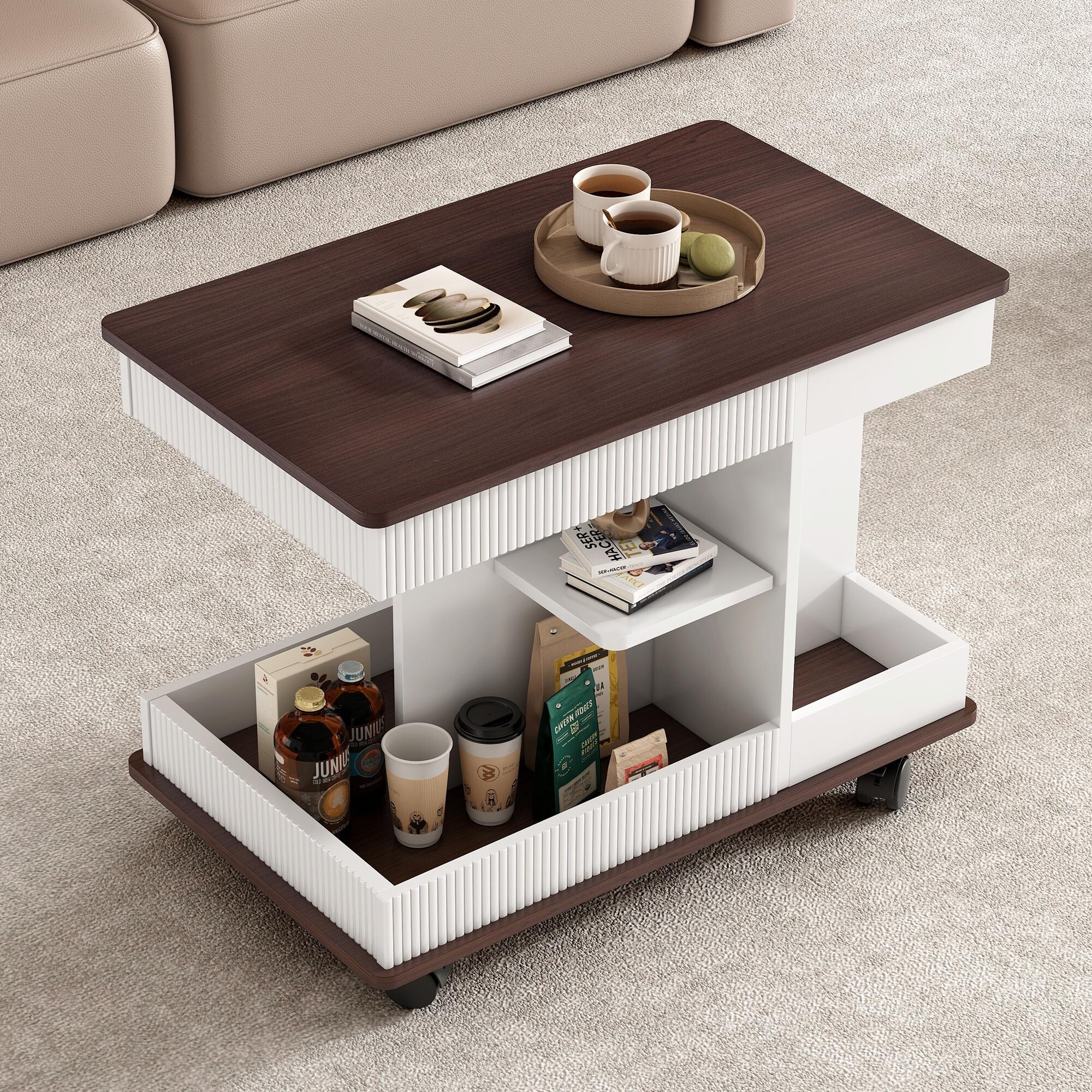 Modern Multifunctional Sofa Side Table with Lift-Top, 360