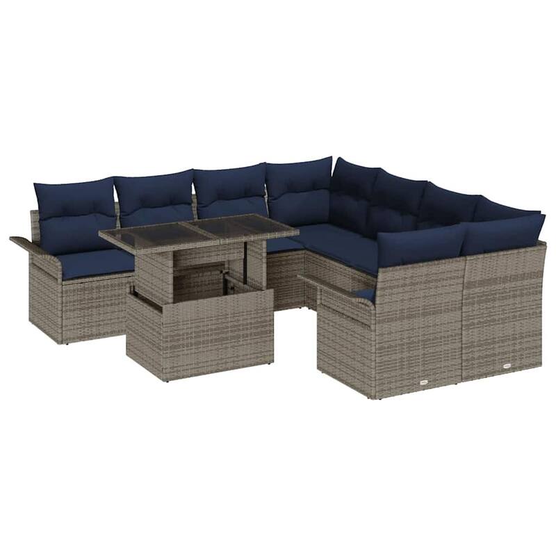 vidaXL 9 Garden Sofa Set with Cushions Black/Brown/Grey Poly Rattan - 95.5 x 92.1 x 27.2
