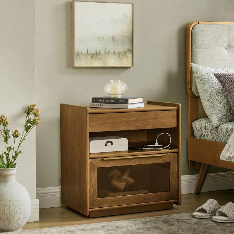Mid Century Modern Nightstand with Charging Station & Outlet Hole & 2 Drawers