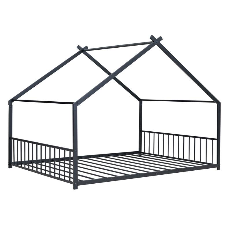 Full Size House Frame Bed Metal Construction with Roof Design No Box Spring Needed