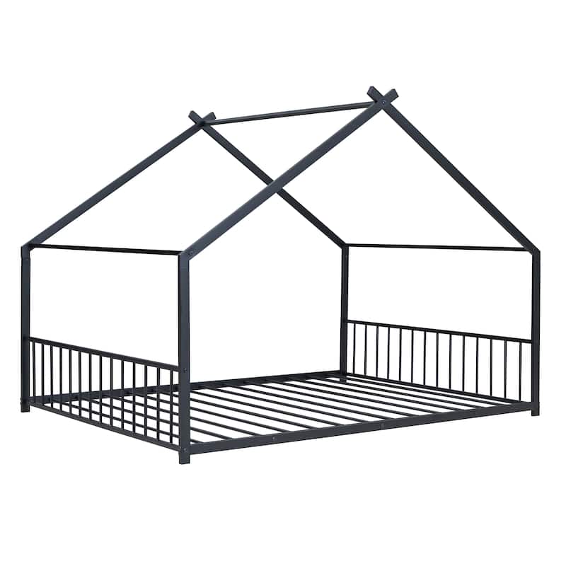 Metal House Bed with Roof, Fence, and Back