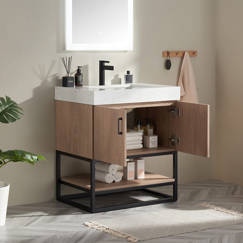 Alistair Single Bath Vanity with White Grain Stone Top & Mirror