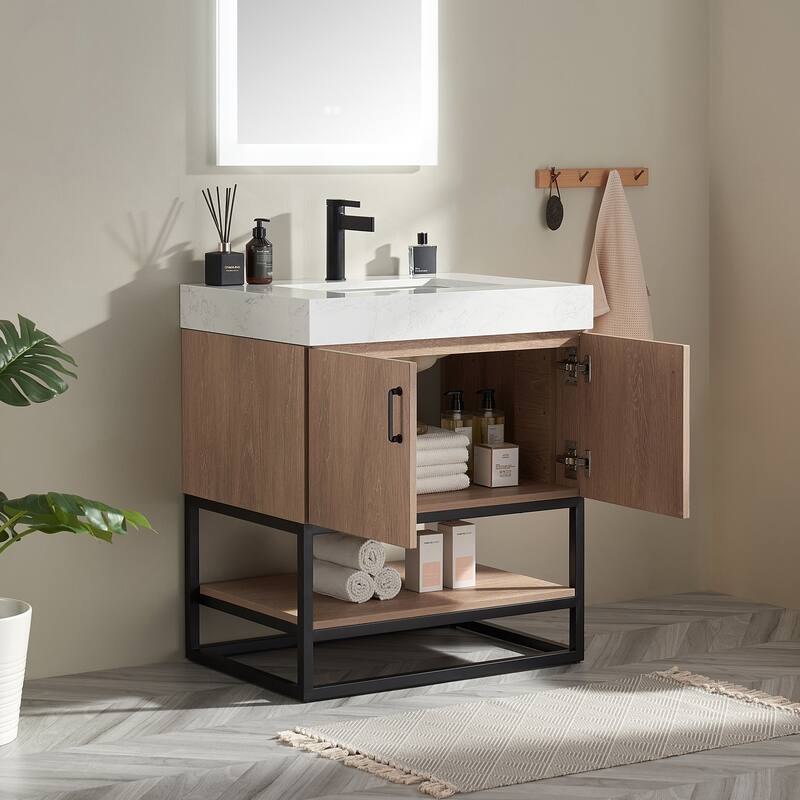 Alistair Single Bath Vanity with White Grain Stone Top without Mirror