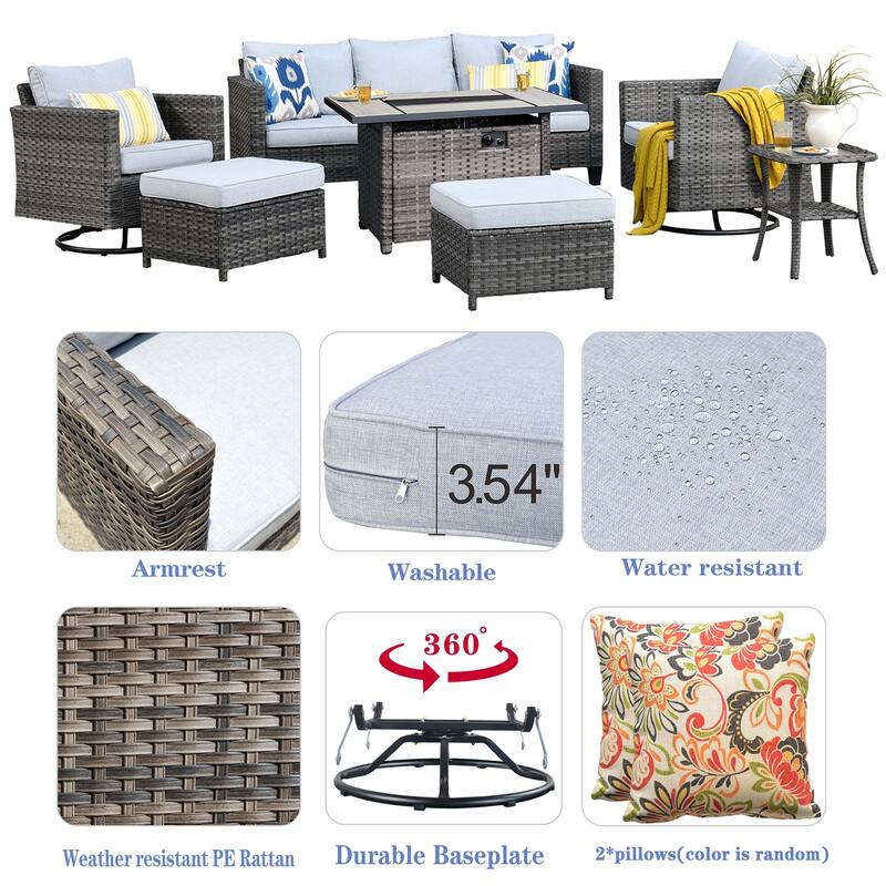 OVIOS 7-piece Wicker Sectional Sofa Swivel Rocking Chair Set With Fire Pit
