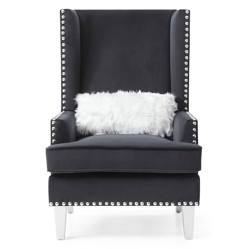Solid High Back Velvet Accent Chair with Fur Pillow - 47" - Black