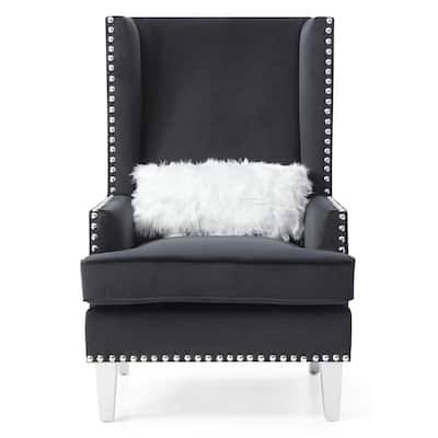 Solid High Back Velvet Accent Chair with Fur Pillow - 47" - Black