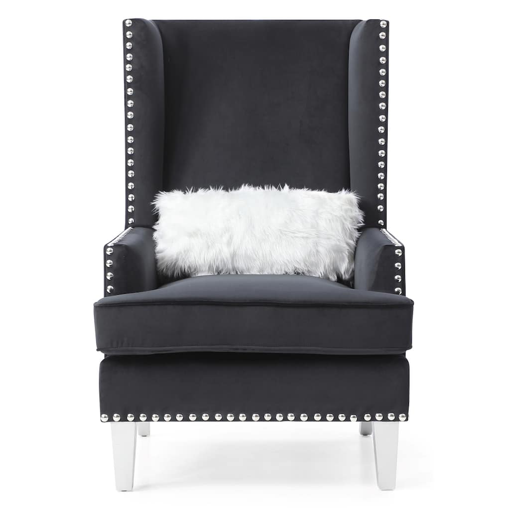 Solid High Back Velvet Accent Chair with Fur Pillow - 47" - Black