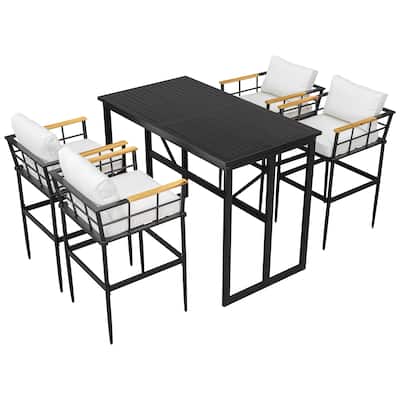 5 Piece Outdoor Iron Dining Set with Acacia Wood Armrest and Removable Cushions