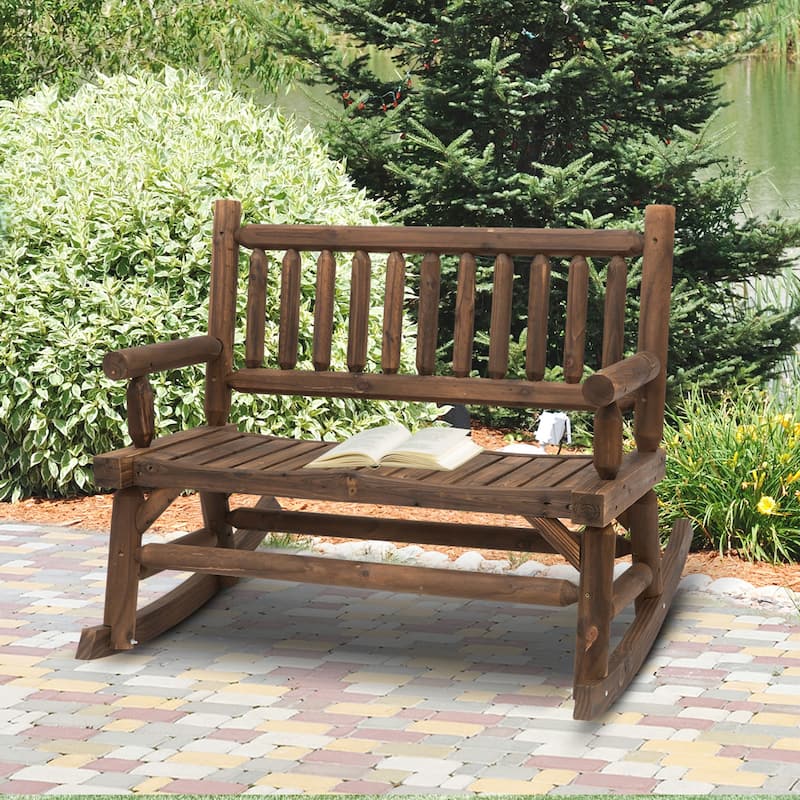 Outdoor Log Design 2-Person Rocking Chair, Wooden Loveseat with Wide Curved Seats