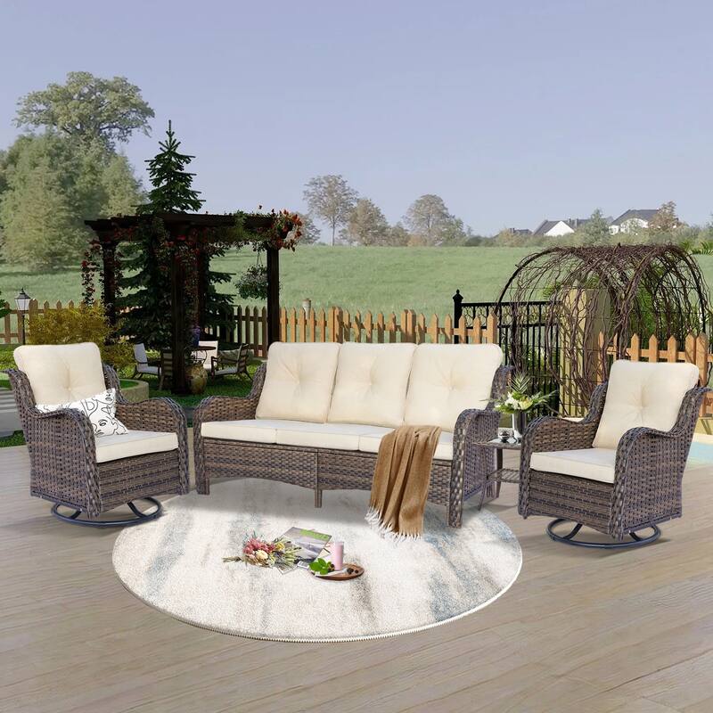 High Back 4-Piece Outdoor Wicker Patio Furniture Seating Sofa Set with Swivel Chairs - Beige-Brown Wicker