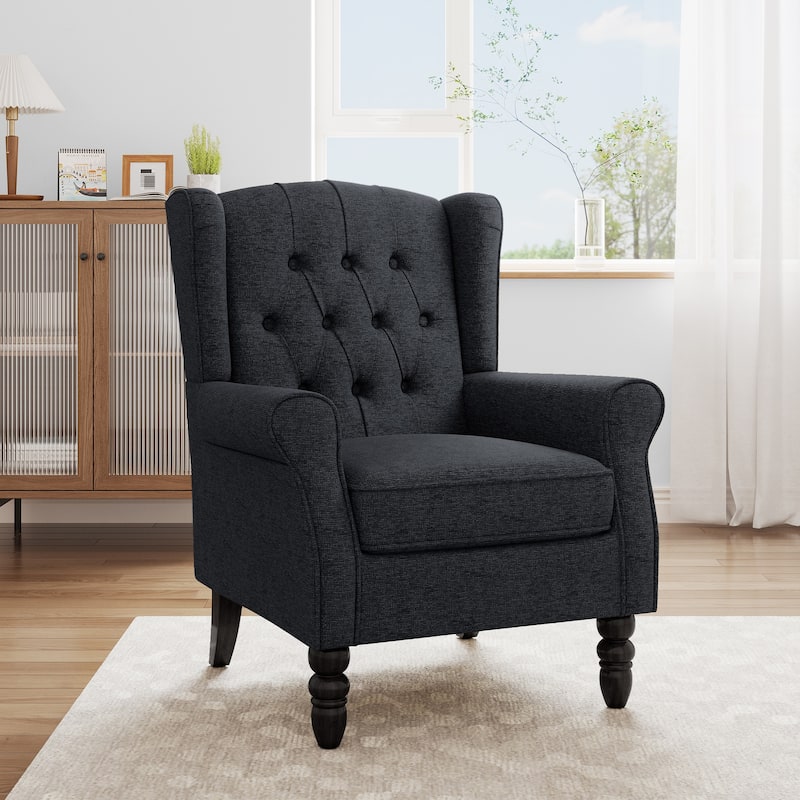 Modern Button Tufted Wingback Accent Chair Upholstered Armchair - Black Blue-Chenille