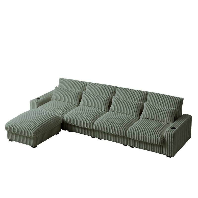 Modern 126-inch Corduroy Sofa with 4 Cushions, Movable Footrest, USB Ports, and Cup Holders