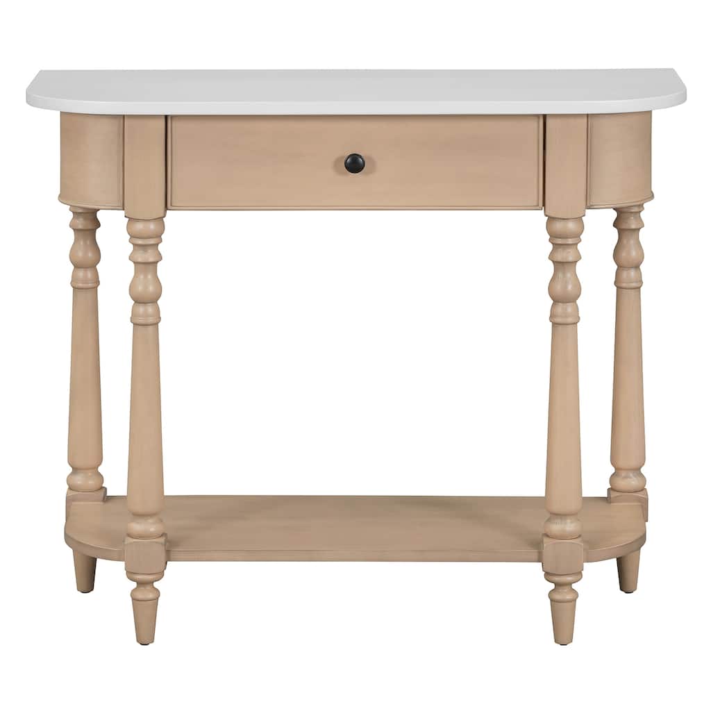 Narrow Console Table with Curved Corner, Solid Pine Wood Entryway Table, 36" Living Room Sofa Table with Drawer and Open Shelf