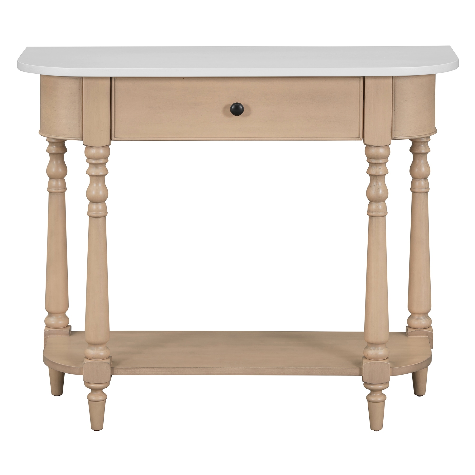 Narrow Console Table with Curved Corner, Solid Pine Wood Entryway Table, 36" Living Room Sofa Table with Drawer and Open Shelf