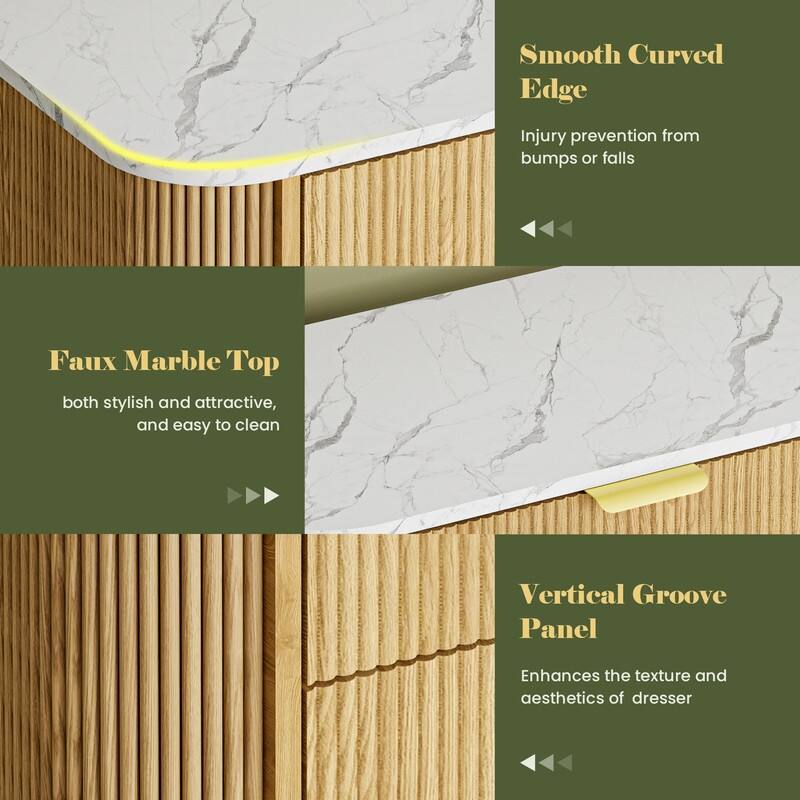 47" Wooden Buffet Cabinet Curved Profile Design With Faux Marble Top & Fluted Chest Of Drawers