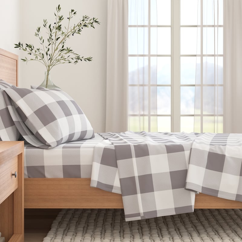 Linery & Co. Turkish Cotton Double-Brushed Printed Flannel Bed Sheet Set - Full - Buffalo Check - Grey