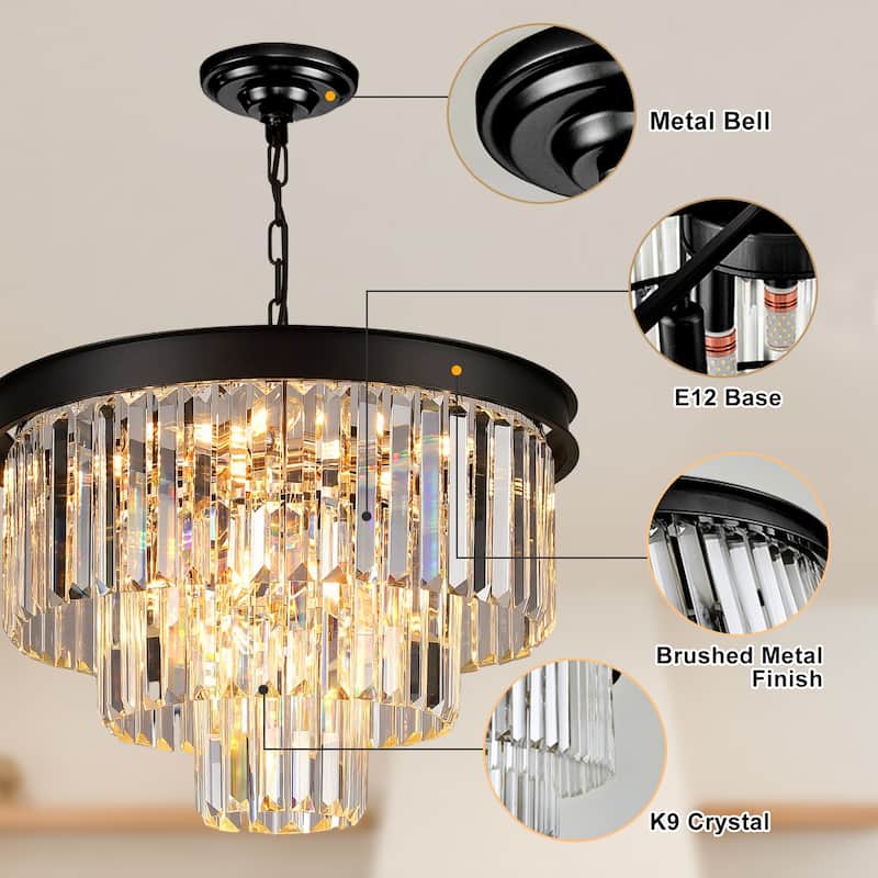 Modern Crystal Chandelier, Black Luxury Adjustable Pendant Light for Living Room(Bulbs Included)