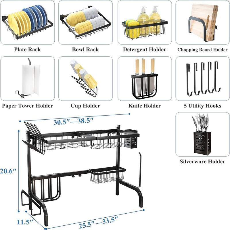 Adjustable double-layer metal steel dish drying rack above the sink, with hooks, paper towel holder, and dish cup holder.