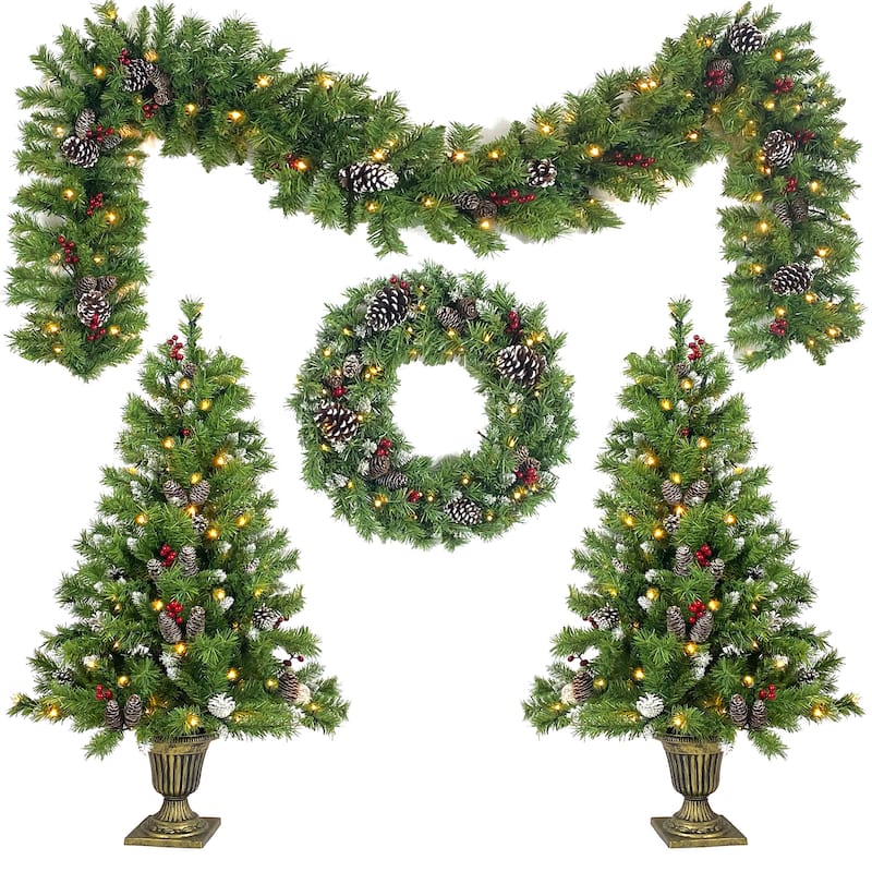 Pre-lit Xmas Tree Artificial Christmas 4-Piece Set in Green