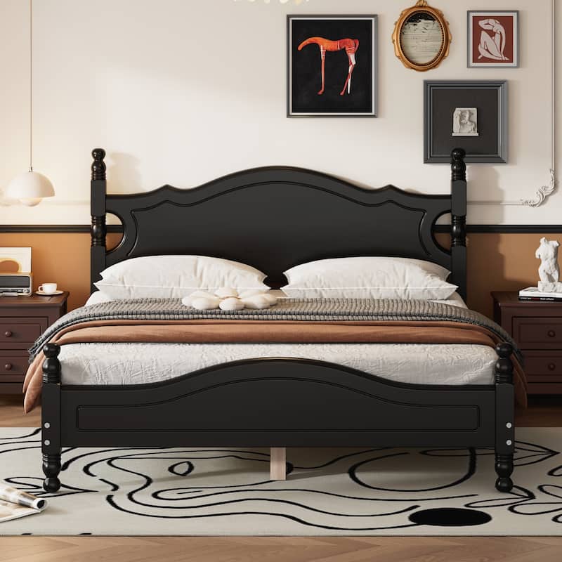 Retro Style Queen Size Wood Platform Bed Frame