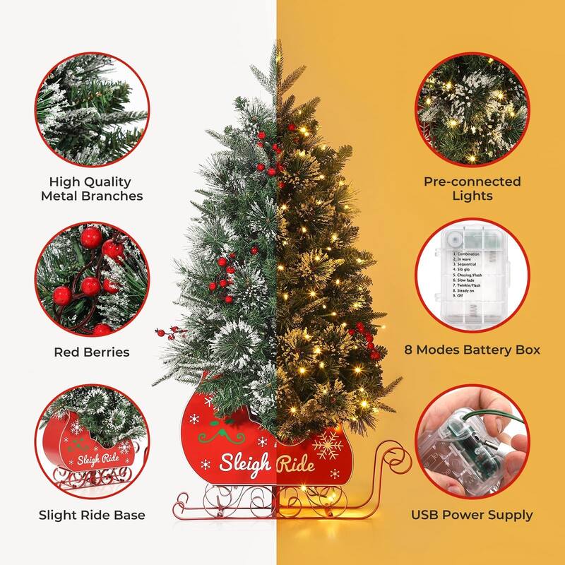 2Pcs 4.5 Ft Pre-Lit Artificial Christmas Tree with 85 Clear Lights,Timer,Pine Cones and Sleigh Base