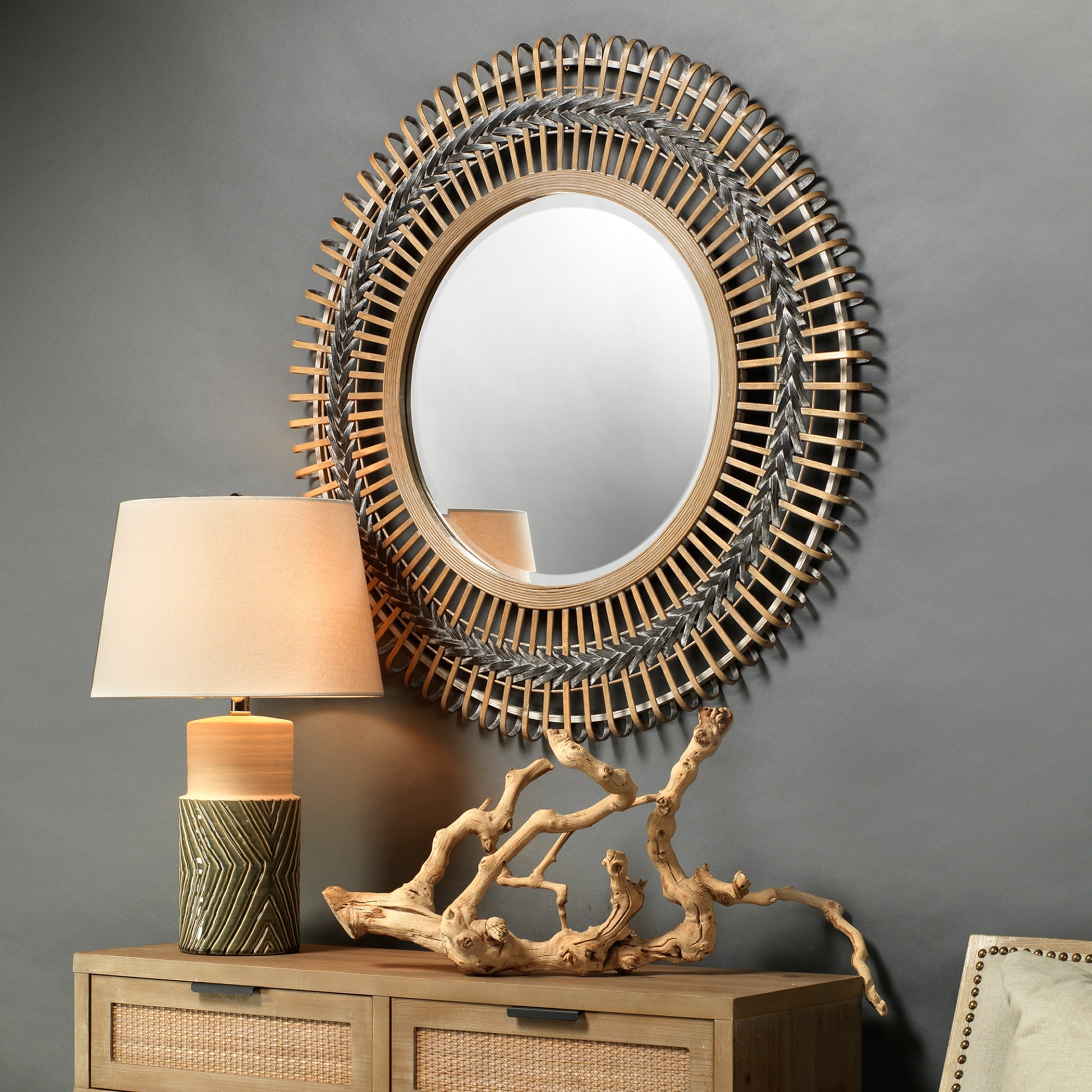 Alden Decor Avary Bamboo Braided Mirror, Gray