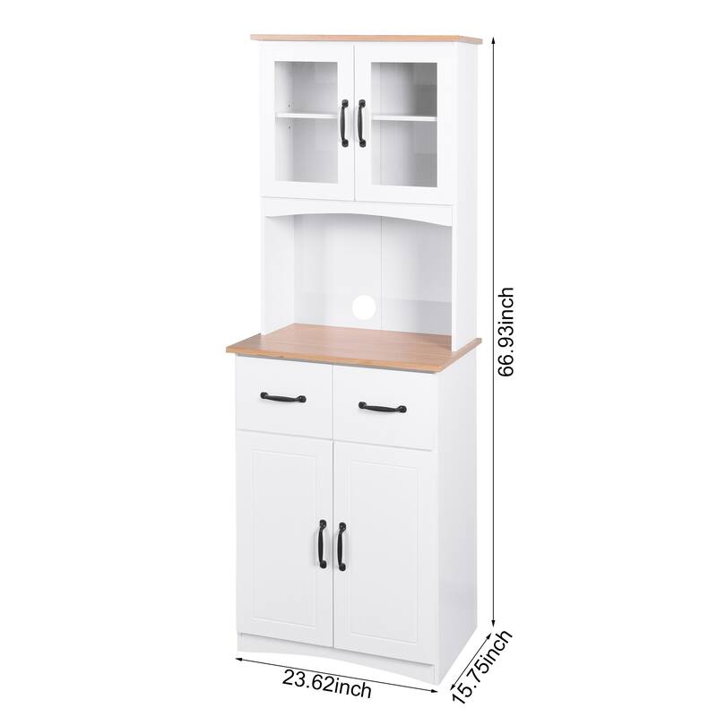 Anmytek White Wooden Kitchen Pantry Cabinet with Microwave Stand, Framed Glass Doors, Drawers & Storage Shelves