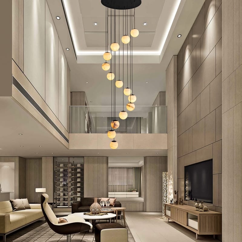 KAYLA Luxury 14-Light Alabaster Globe Chandelier in Vintage Copper Finish, Grand Pendant Light for Stairwells or Foyers - 138in