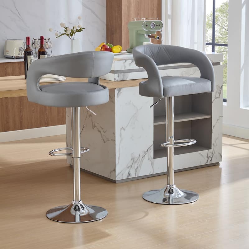 VECELO Set of 2 Rounded Mid-Back Swivel Bar Stools with Adjustable Height 360° Rotation 16" Base with Footrest - Light Gray