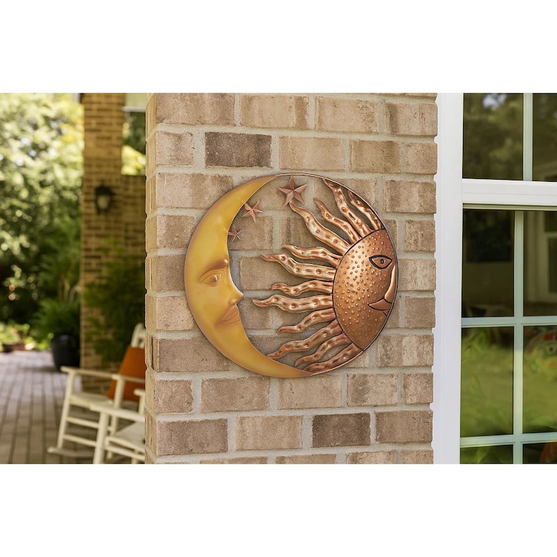 21 Inch Handcrafted Sun and Moon Accent Wall Decor, Round Metal Wall Mount, Rustic Gold, Bronze
