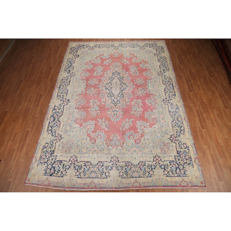 Hand Knotted Oriental 100% Wool Carpet Traditional Floral Pink Kerman Area Rug - 14' 0'' X 9' 11''