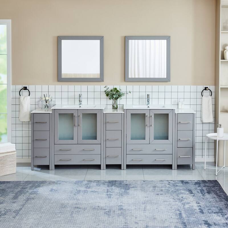 Vanity Art 96" Double Sink Bathroom Vanity Set 13 Dove-Tailed Drawers 5 Cabinets 2 Shelves, Soft-Closing Doors with Free Mirror - Grey