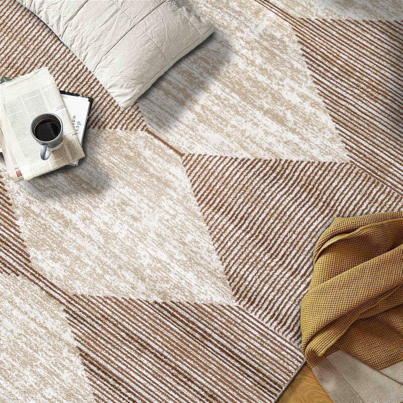 Beige Brown Geometric Stripe Stylish and Durable Area Rug