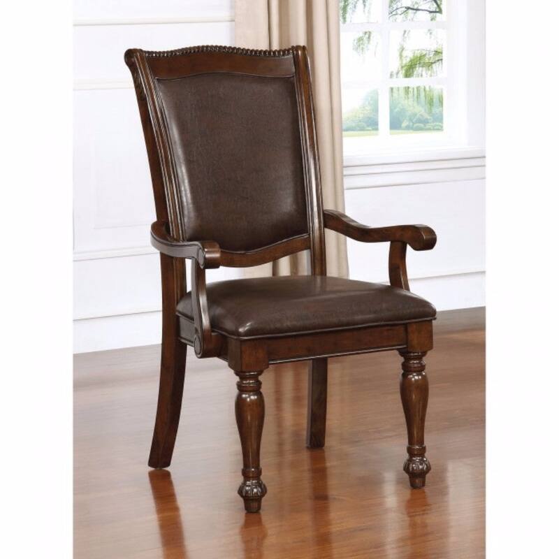 Set of 2 Brown Cherry Wooden Dining Armchairs with Espresso Leatherette Upholstery and Turned Legs - Cherry-Brown