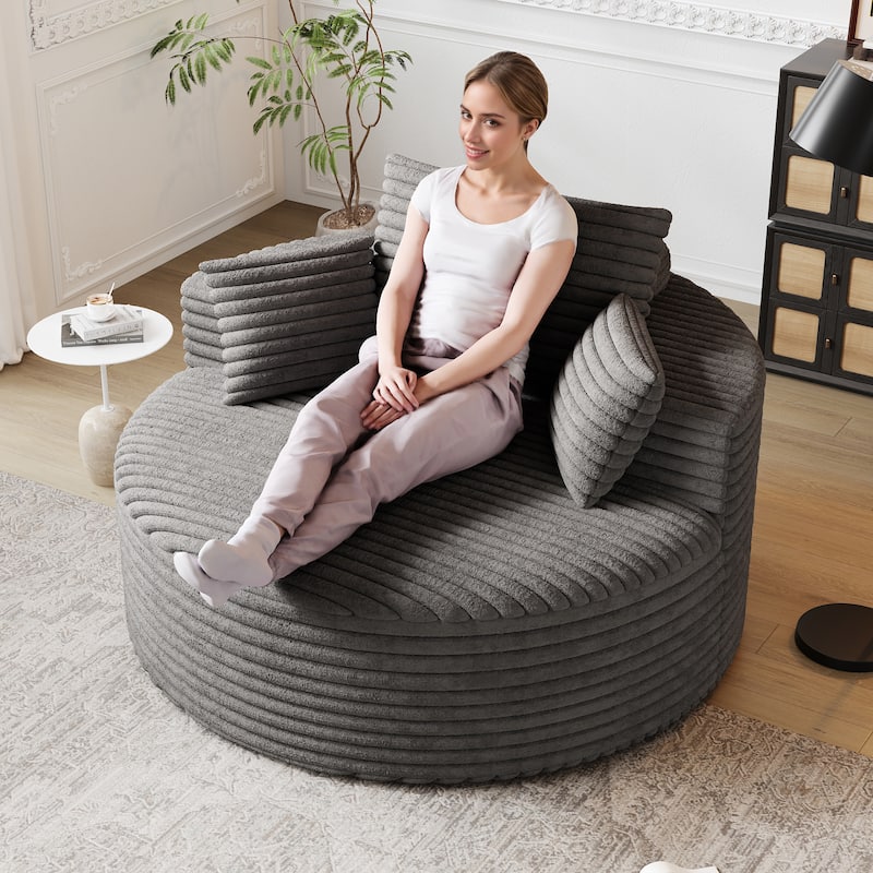 Corduroy Upholstered Single Sofa, Oversized Fluffy Sleeper Chair, Round Reading Chair with Headrest & 2 Pillow