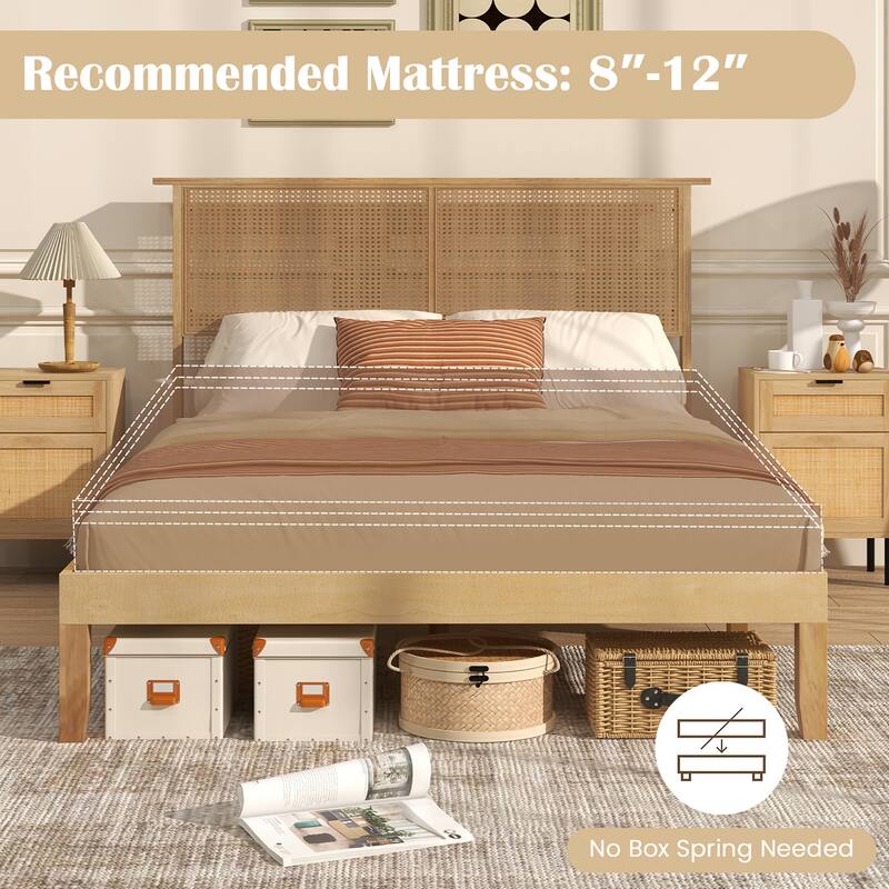Gymax Twin/Full/Queen Size Bed Frame w/ Rattan Headboard 10 Solid Wood