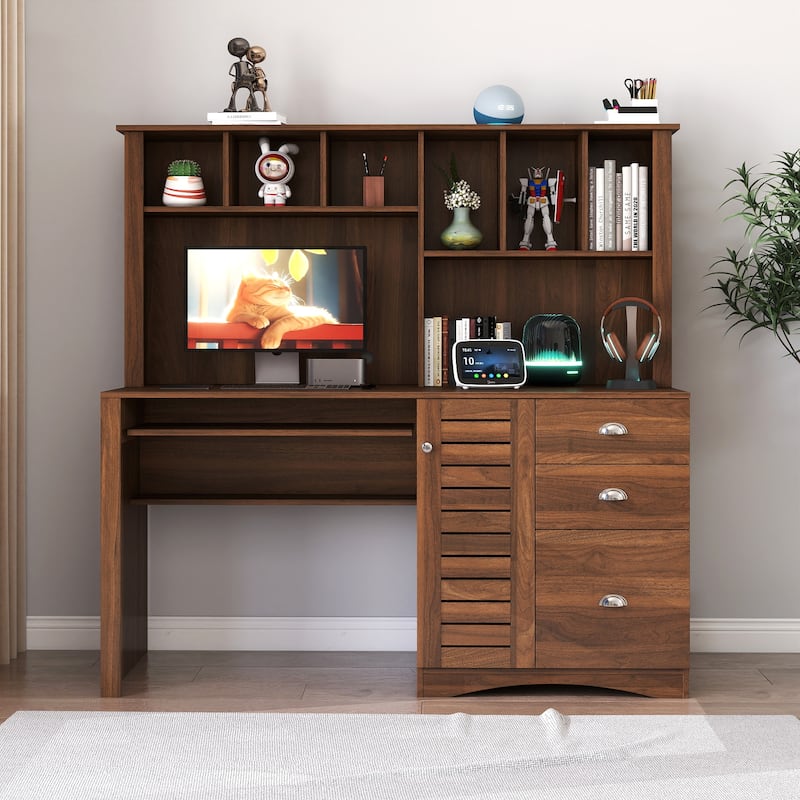 Home Office Computer Desk with Hutch, Antiqued White finish - Walnut