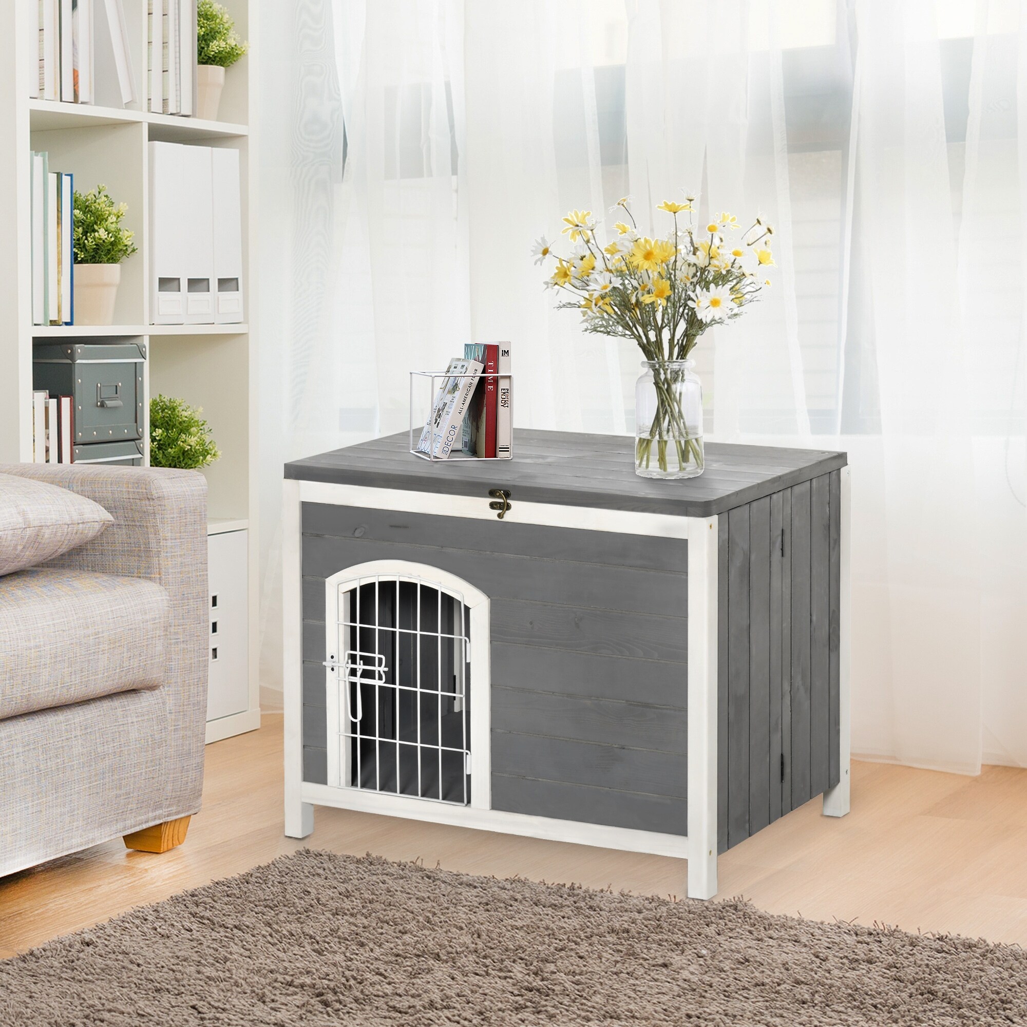 PawHut Foldable Raised Wooden Dog House Indoor Outdoor Dog Cage Kennel Cat House w Lockable Door Openable Roof Grey Assembly Required
