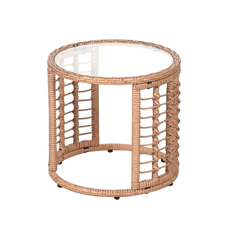 Patio Round End Table 18-Inch Wicker Accent Table with Glass Top
