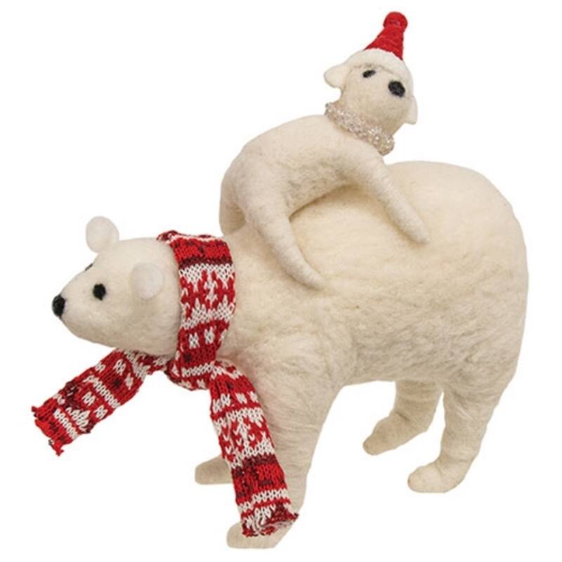 White Felt Polar Bear Mama and Cub Figurine with Festive Scarf and Santa Hat - 8 x 3.50 x 8.50 in