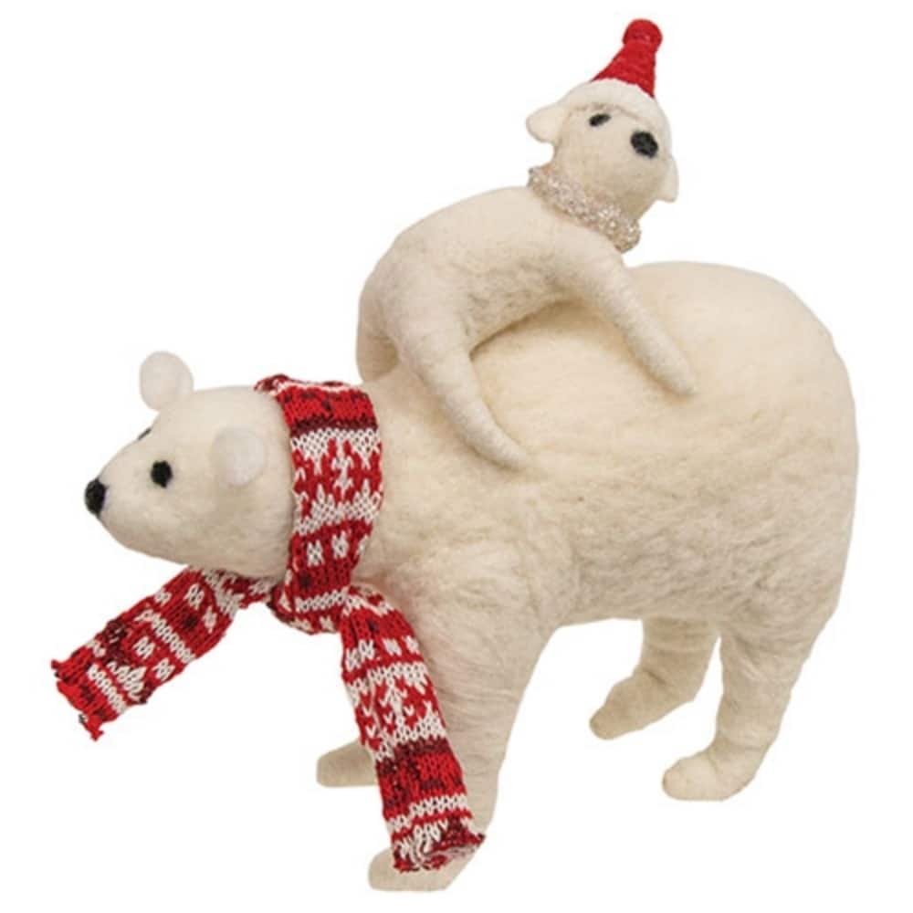White Felt Polar Bear Mama and Cub Figurine with Festive Scarf and Santa Hat - 8 x 3.50 x 8.50 in
