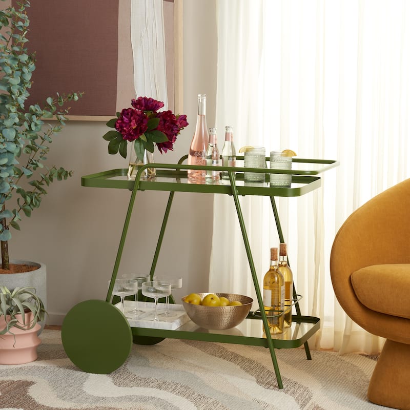 SAFAVIEH Home Zunia Glass Bar Cart with Wheels - 36Wx19Dx30H