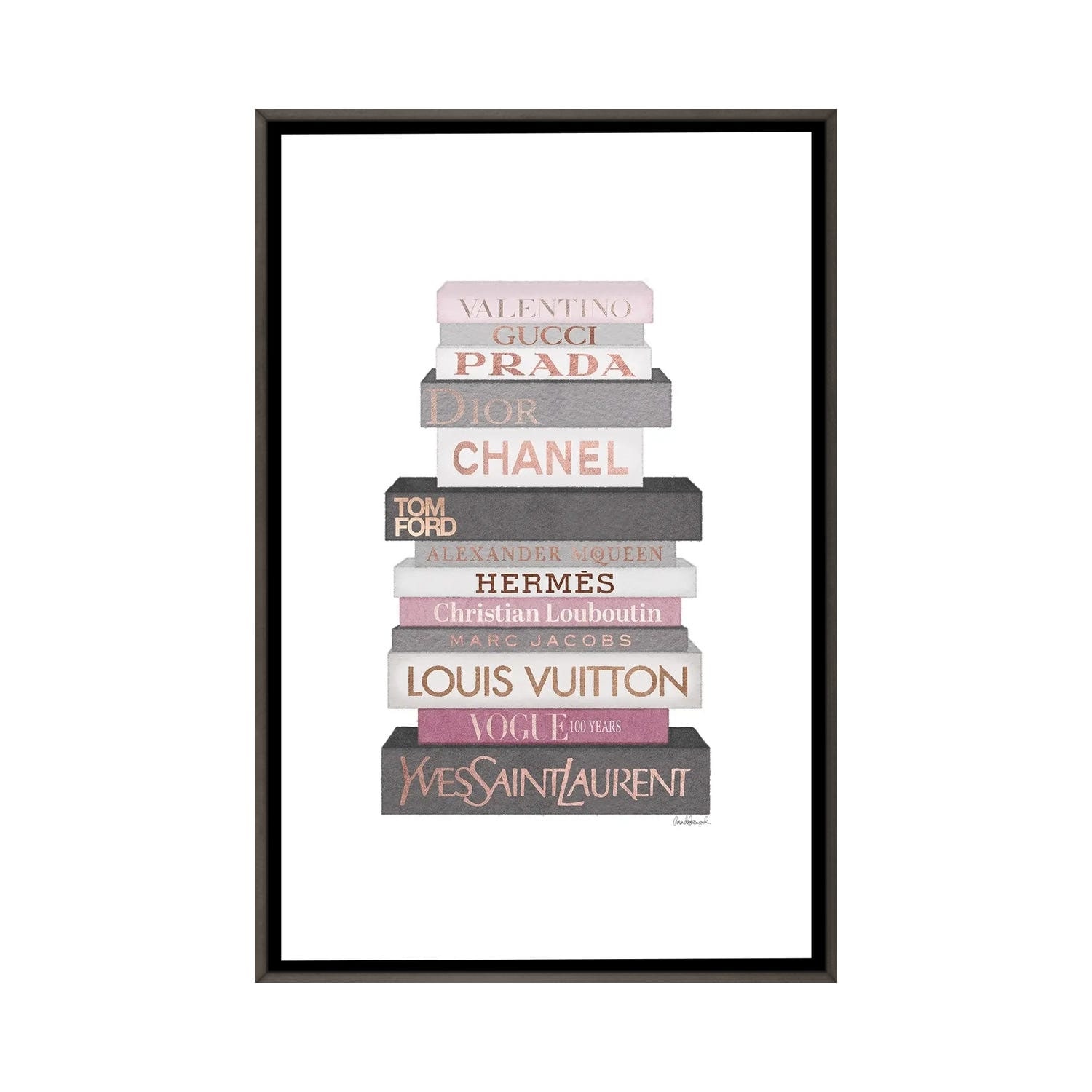 Framed Canvas Art (Gold Floating Frame) - Tall Pink and Silver with Bow Shoes, by Amanda Greenwood ( Fashion > Prada art) - 40x26 in
