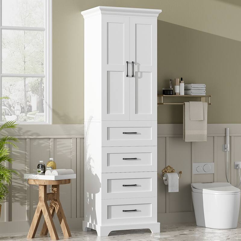 71" tall Freestanding Bathroom Cabinet with 2 Damping-Hinge Doors, 3 Drawers, Adjustable Shelves - White