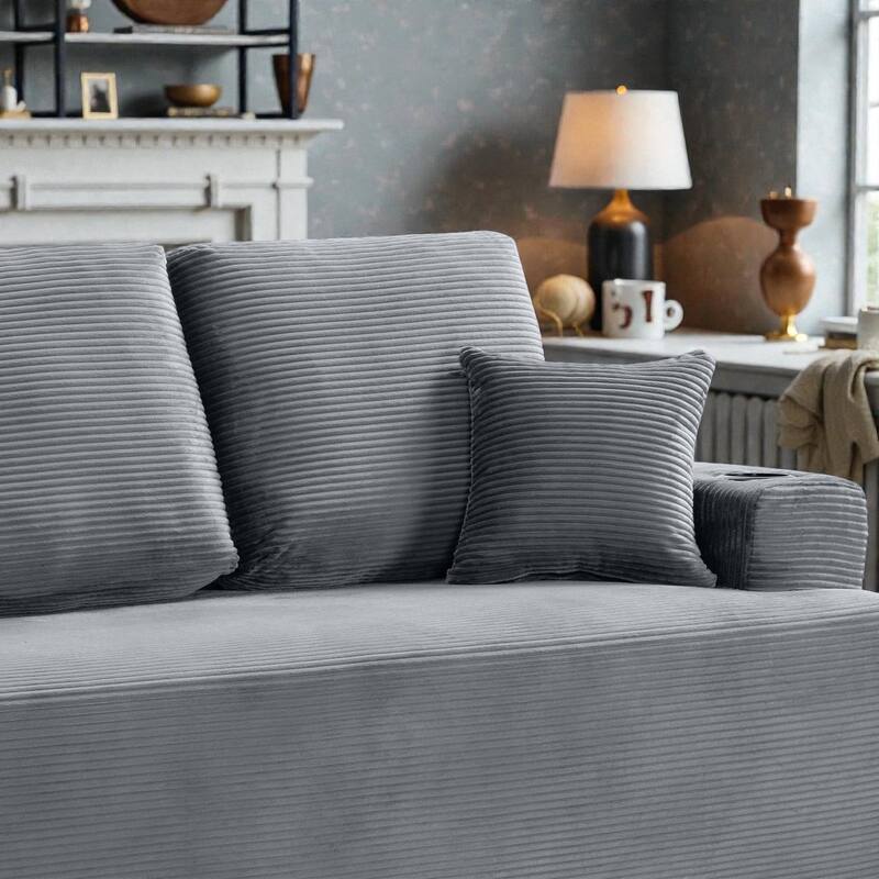 87 Inch 3 Seater Sofa Couch, Deep Seat Corduroy Living Room Sofa with Cup Holders and Side Pockets