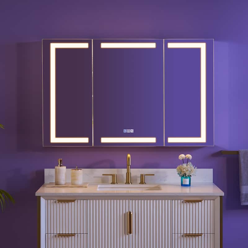 30" H Recessed or Surface LED Mirror Cabinet with Adjustable Glass Shelves,Defogger, Dimmer And Outlets & USB Ports - 48" W X30" H, Three Doors Open