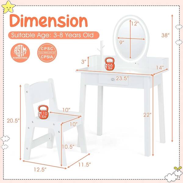 2 in 1 Wooden Princess Makeup Desk Kids Vanity Set with Mirror